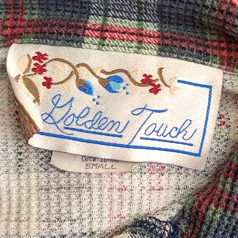 Vintage 80s Waffle Knit Blue Red Plaid Flannel Button Front Shirt Womens Small - Picture 15 of 16